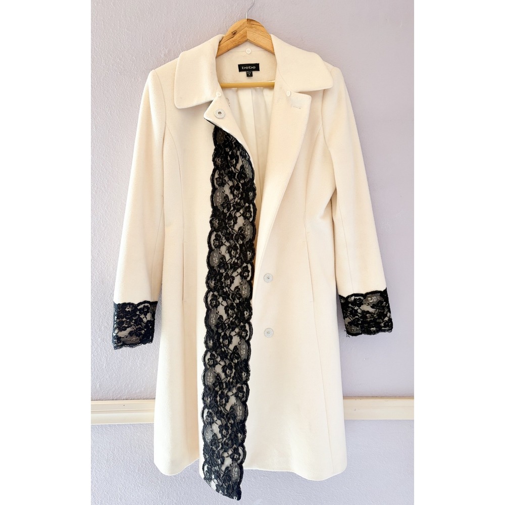 Y2K Coquette Bebe Womens Wool Blend Lace Trim Long Coat Jacket‎ Size M